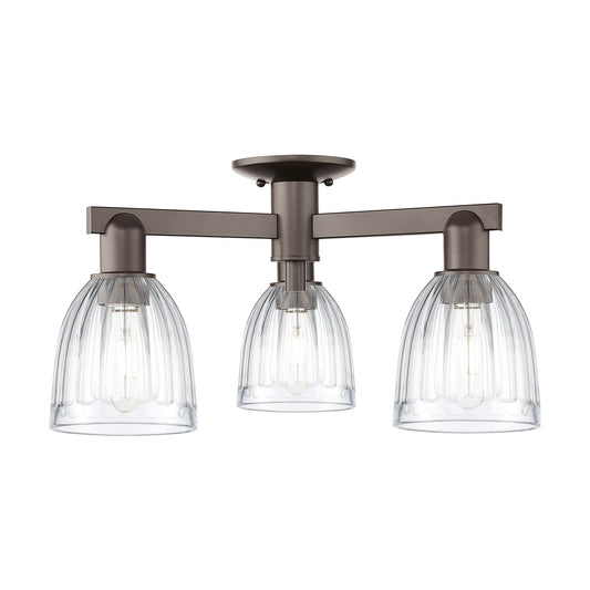 Innovations Brookfield 23in 3-Light Semi-Flush Mount | Industrial Oil Rubbed Bronze Steel and Clear Ribbed Glass | Entryway & | Model 716-3F-OB-G442