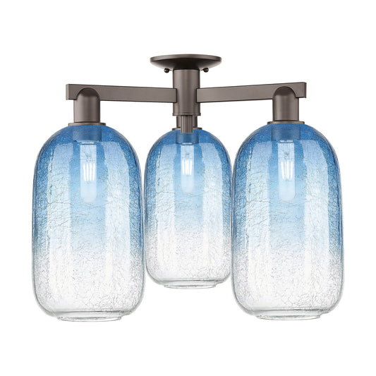 Innovations Brookhaven Cloche 24.5in 3-Light Semi-Flush Mount | Industrial Oil Rubbed Bronze Steel and Sapphire Blue Glass | Model 716-3F-OB-G482-7SB