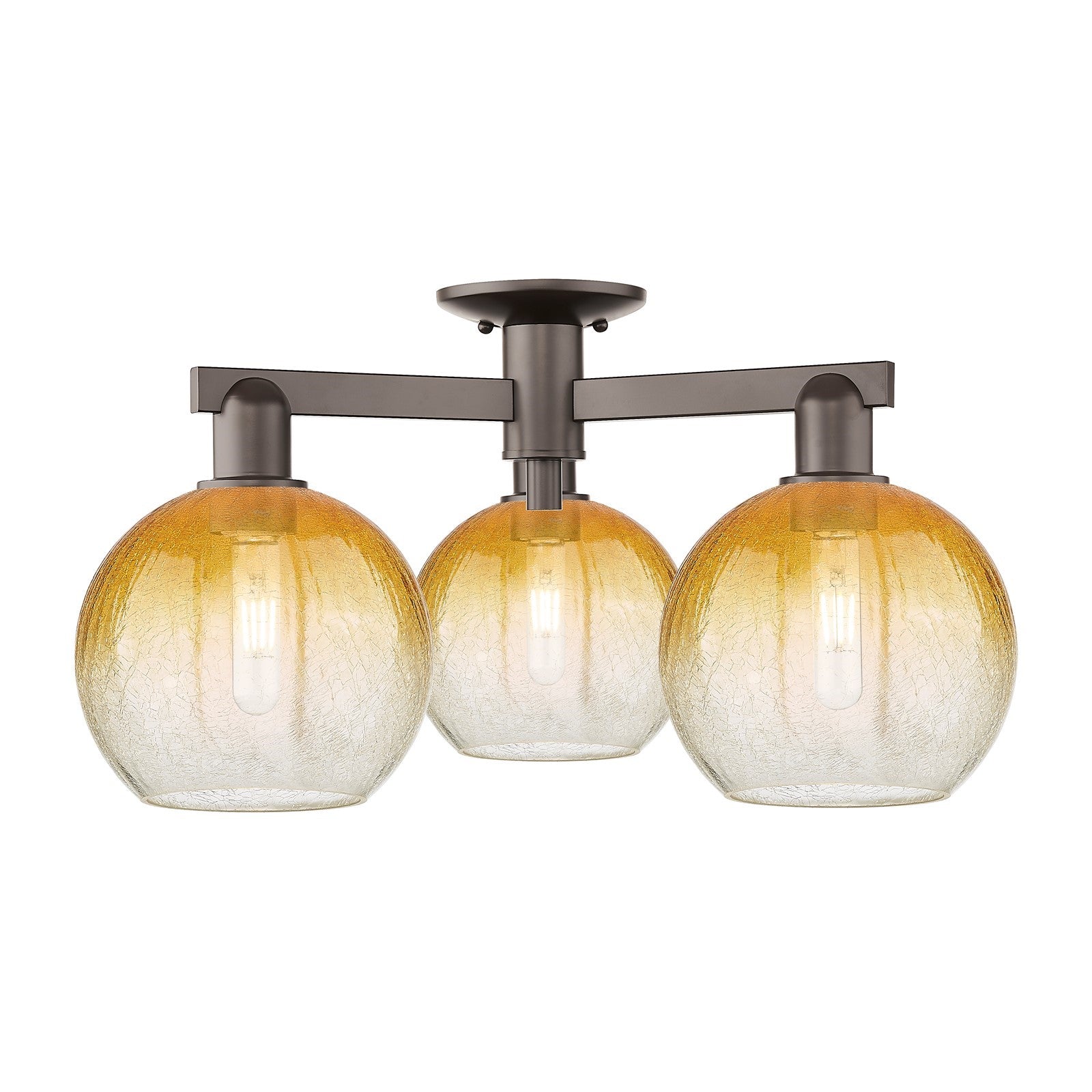 Innovations Brookhaven Globe 25.5in 3-Light Semi-Flush Mount | Industrial Oil Rubbed Bronze Steel and Amber Glass | Damp Rated | Model 716-3F-OB-G483-8AM