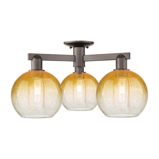 Innovations Brookhaven Globe 25.5in 3-Light Semi-Flush Mount | Industrial Oil Rubbed Bronze Steel and Amber Glass | Damp Rated | Model 716-3F-OB-G483-8AM