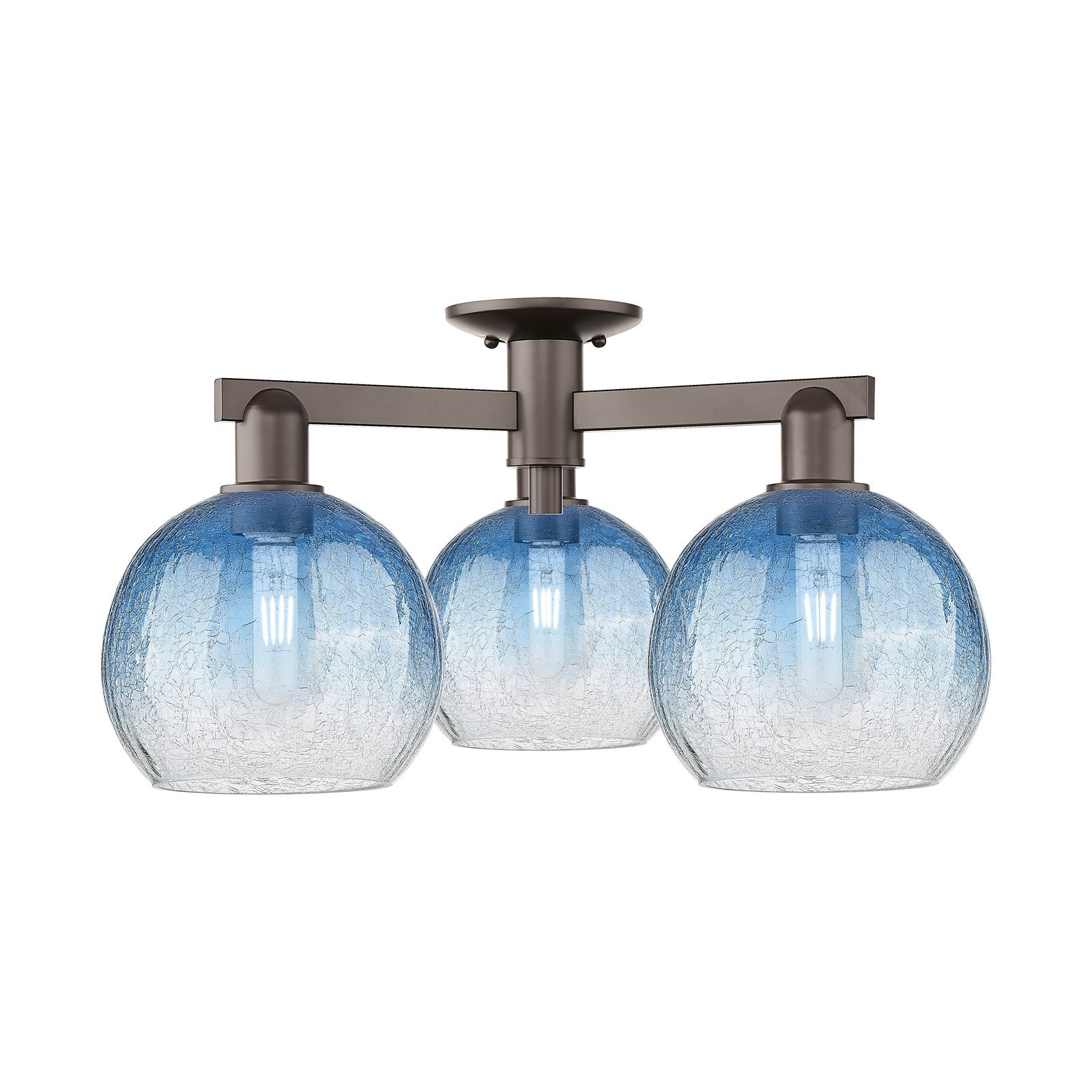 Innovations Brookhaven Globe 25.5in 3-Light Semi-Flush Mount | Industrial Oil Rubbed Bronze Steel and Sapphire Blue Glass | Model 716-3F-OB-G483-8SB