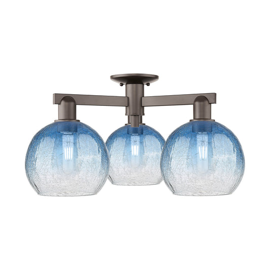 Innovations Brookhaven Globe 25.5in 3-Light Semi-Flush Mount | Industrial Oil Rubbed Bronze Steel and Sapphire Blue Glass | Model 716-3F-OB-G483-8SB