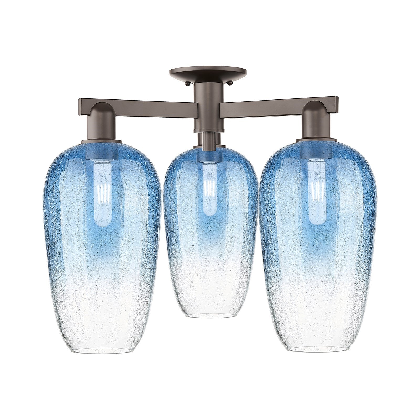 Innovations Brookhaven Flute 24.5in 3-Light Semi-Flush Mount | Industrial Oil Rubbed Bronze and Sapphire Blue Glass | Entryway | Model 716-3F-OB-G484-7SB