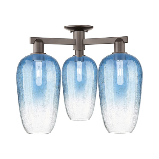 Innovations Brookhaven Flute 24.5in 3-Light Semi-Flush Mount | Industrial Oil Rubbed Bronze and Sapphire Blue Glass | Entryway | Model 716-3F-OB-G484-7SB
