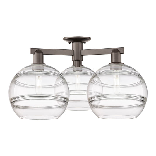 Innovations Rochester 28in 3-Light Semi-Flush Mount | Industrial Oil Rubbed Bronze Steel and Clear Glass | Entryway & Hallway | Model 716-3F-OB-G556-10CL