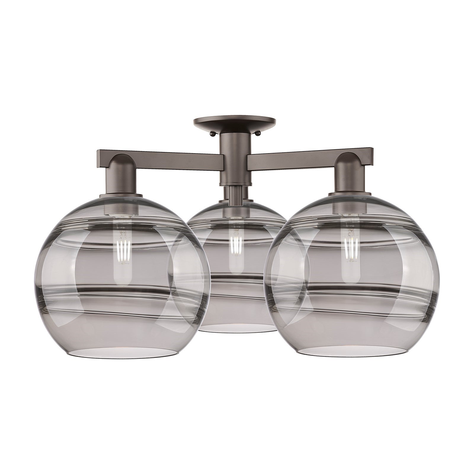 Innovations Rochester 28in 3-Light Semi-Flush Mount | Industrial Oil Rubbed Bronze and Light Smoke Glass | Entryway & Hallway | Model 716-3F-OB-G556-10SM