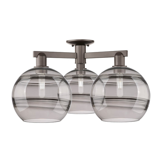 Innovations Rochester 28in 3-Light Semi-Flush Mount | Industrial Oil Rubbed Bronze and Light Smoke Glass | Entryway & Hallway | Model 716-3F-OB-G556-10SM