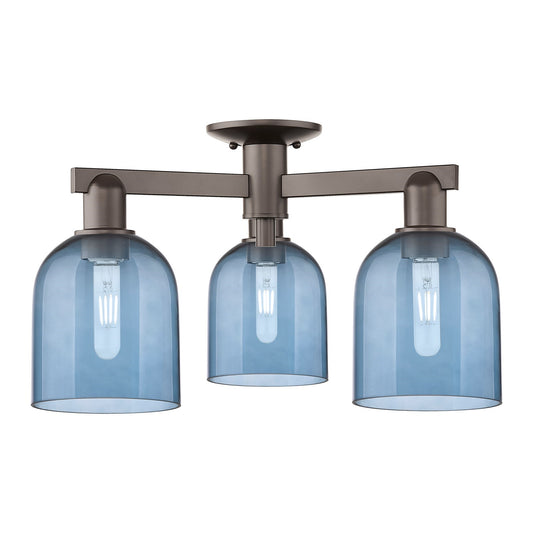 Innovations Bella 23in 3-Light Semi-Flush Mount | Industrial Oil Rubbed Bronze Steel and Blue Glass | Entryway & Hallway | 23 x | Model 716-3F-OB-G558-6BL