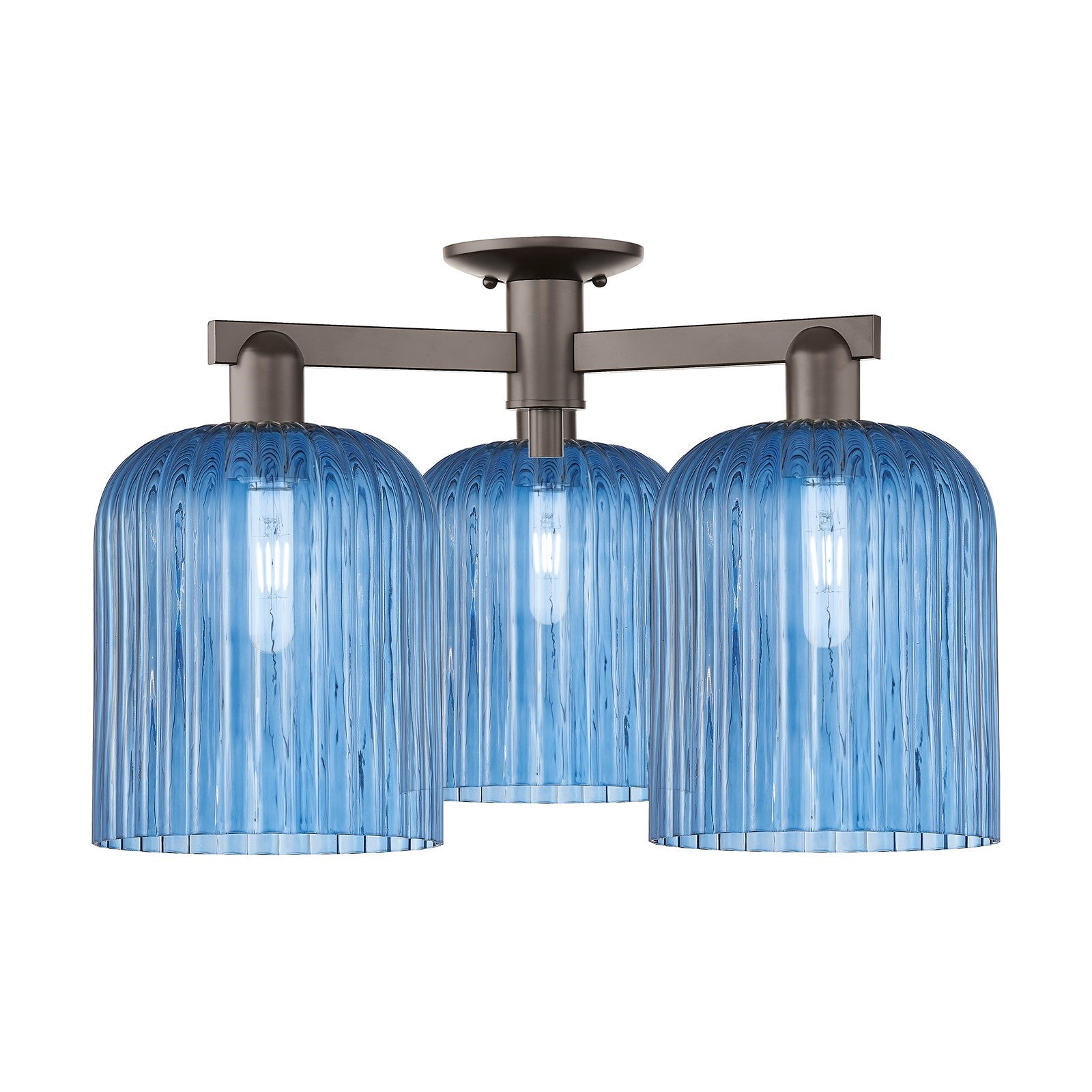 Innovations Bridal Veil 26in 3-Light Semi-Flush Mount | Industrial Oil Rubbed Bronze Steel and Princess Blue Ribbed Glass | Model 716-3F-OB-G559-8BL