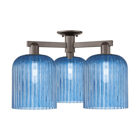 Innovations Bridal Veil 26in 3-Light Semi-Flush Mount | Industrial Oil Rubbed Bronze Steel and Princess Blue Ribbed Glass | Model 716-3F-OB-G559-8BL