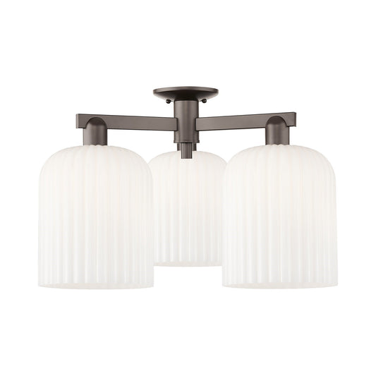 Innovations Bridal Veil 26in 3-Light Semi-Flush Mount | Industrial Oil Rubbed Bronze and Gloss White Ribbed Glass | Damp Rated | Model 716-3F-OB-G559-8GWH