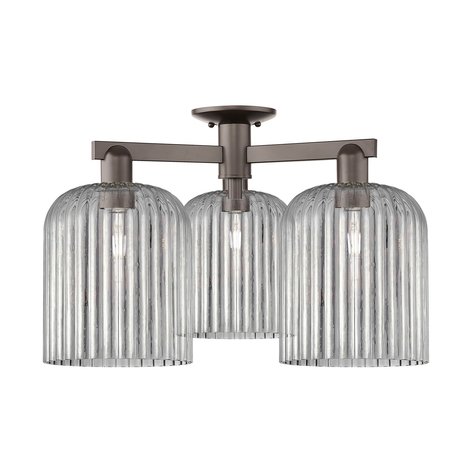 Innovations Bridal Veil 26in 3-Light Semi-Flush Mount | Industrial Oil Rubbed Bronze Steel and Light Smoke Ribbed Glass | Model 716-3F-OB-G559-8SM