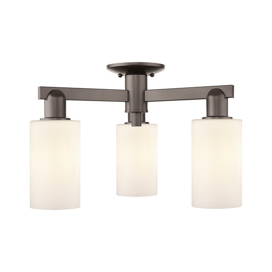 Innovations Clymer 21in 3-Light Semi-Flush Mount | Industrial Oil Rubbed Bronze Steel and Matte White Glass | Entryway & Hallway | Model 716-3F-OB-G801