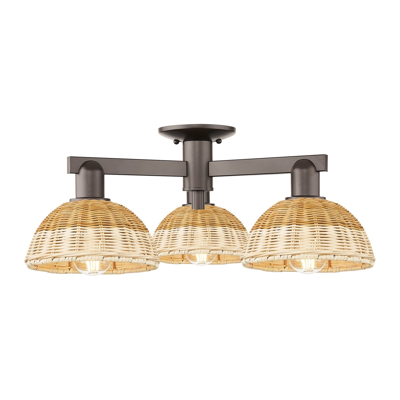 Innovations Natural Ballston Dome 25in 3-Light Semi-Flush Mount | Farmhouse Oil Rubbed Bronze and Natural Fiber Shade | Model 716-3F-OB-NBD2-75-NAT