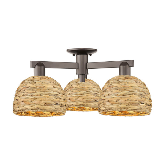 Innovations Woven Rattan 26in 3-Light Semi-Flush Mount | Industrial Oil Rubbed Bronze Steel and Natural Fiber Shade | Entryway | Model 716-3F-OB-RBD-8-NAT