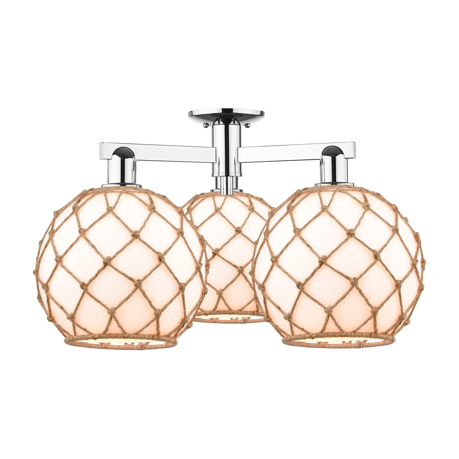 Innovations Farmhouse Rope 28in 3-Light Semi-Flush Mount | Industrial Polished Chrome and Matte White Glass with Brown Rope | Model 716-3F-PC-G121-10RB