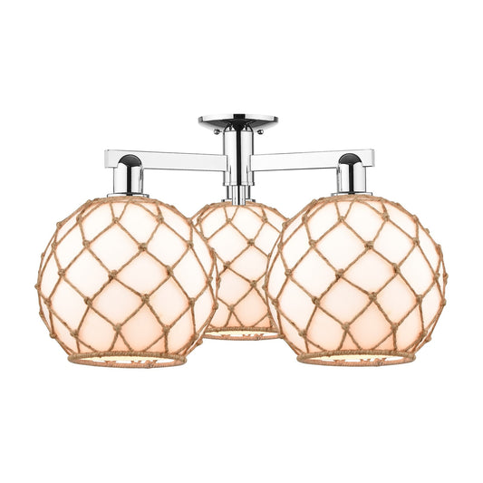 Innovations Farmhouse Rope 28in 3-Light Semi-Flush Mount | Industrial Polished Chrome and Matte White Glass with Brown Rope | Model 716-3F-PC-G121-10RB