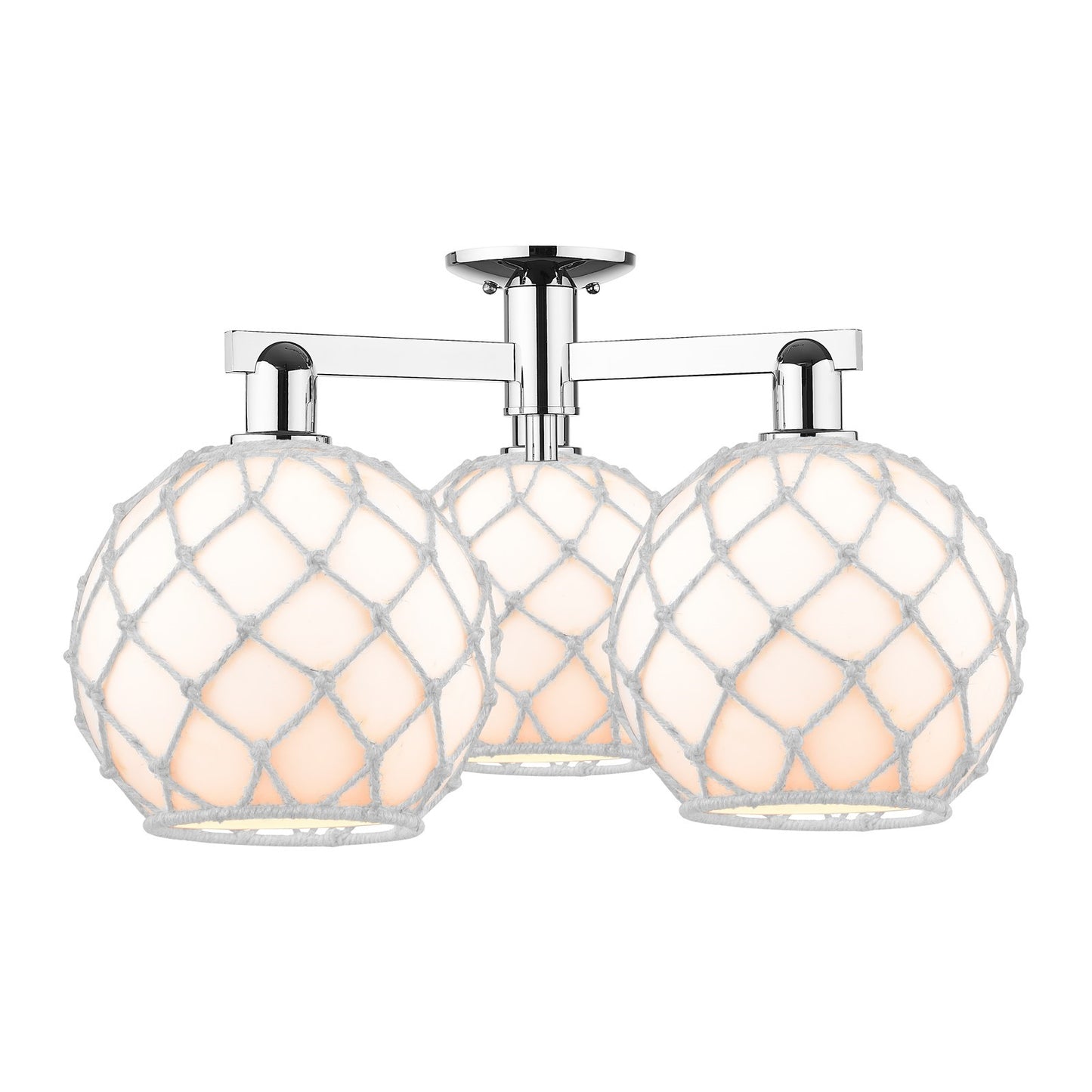 Innovations Farmhouse Rope 28in 3-Light Semi-Flush Mount | Industrial Polished Chrome Steel and White Glass with White Rope | Model 716-3F-PC-G121-10RW