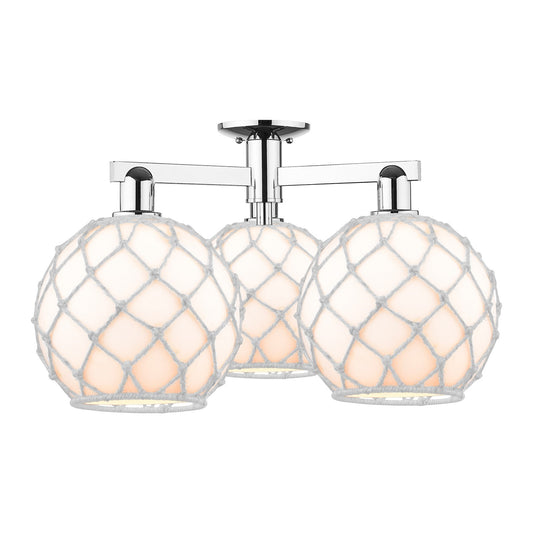 Innovations Farmhouse Rope 28in 3-Light Semi-Flush Mount | Industrial Polished Chrome Steel and White Glass with White Rope | Model 716-3F-PC-G121-10RW