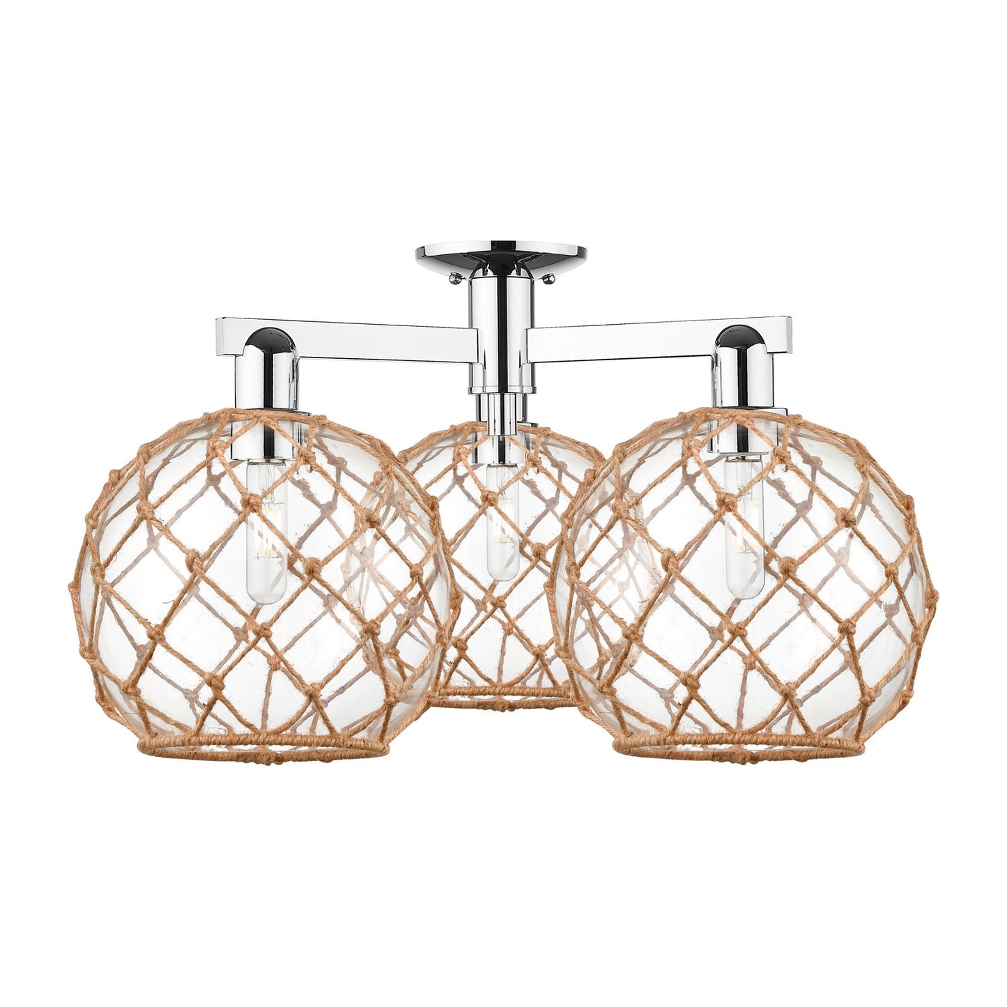 Innovations Farmhouse Rope 28in 3-Light Semi-Flush Mount | Industrial Polished Chrome Steel and Clear Glass with Brown Rope | Model 716-3F-PC-G122-10RB
