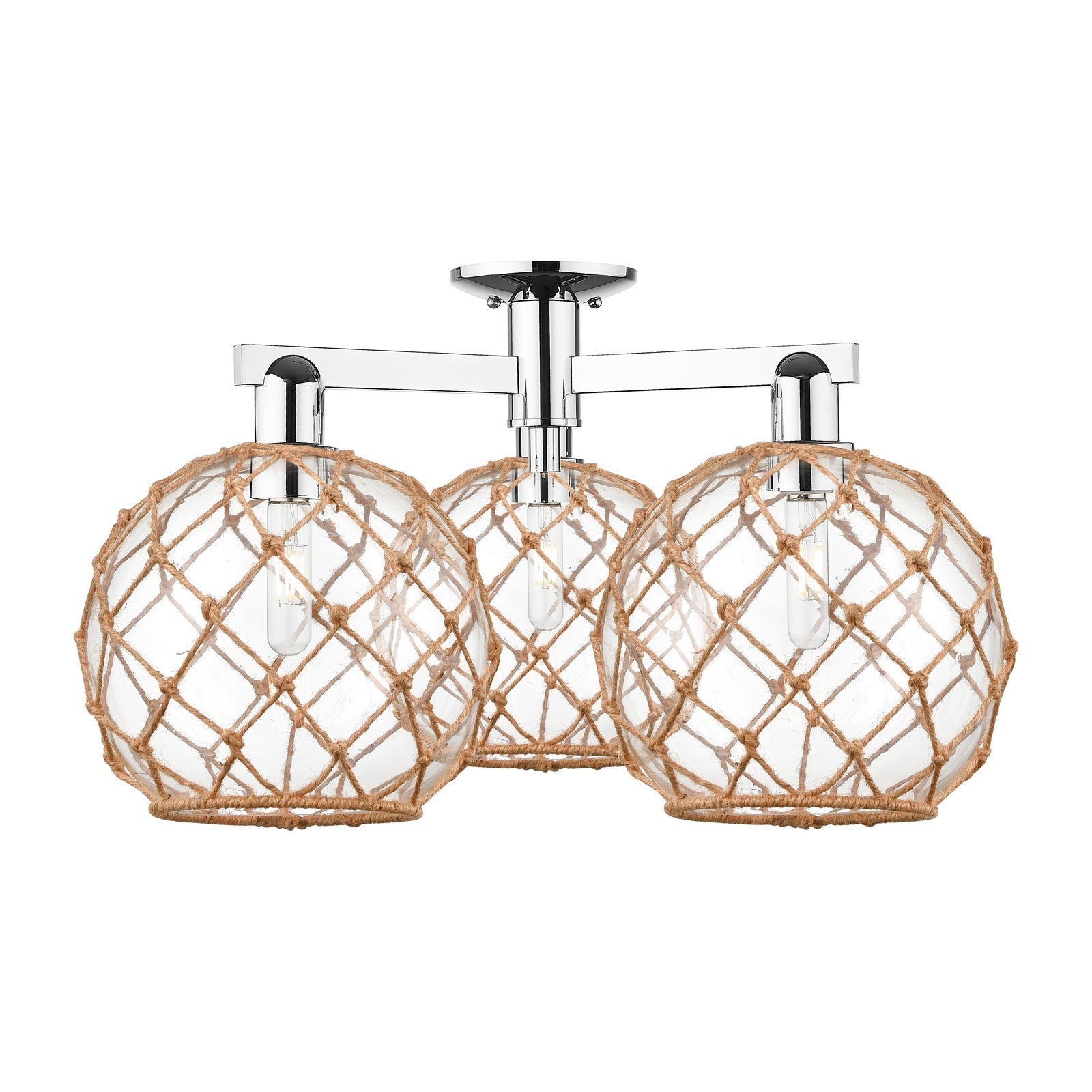 Innovations Farmhouse Rope 28in 3-Light Semi-Flush Mount | Industrial Polished Chrome Steel and Clear Glass with Brown Rope | Model 716-3F-PC-G122-10RB