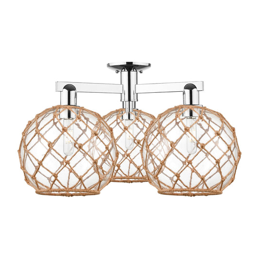Innovations Farmhouse Rope 28in 3-Light Semi-Flush Mount | Industrial Polished Chrome Steel and Clear Glass with Brown Rope | Model 716-3F-PC-G122-10RB