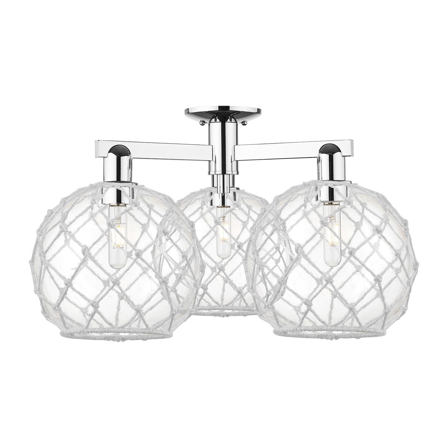 Innovations Farmhouse Rope 28in 3-Light Semi-Flush Mount | Industrial Polished Chrome and Clear Glass with White Rope | Model 716-3F-PC-G122-10RW