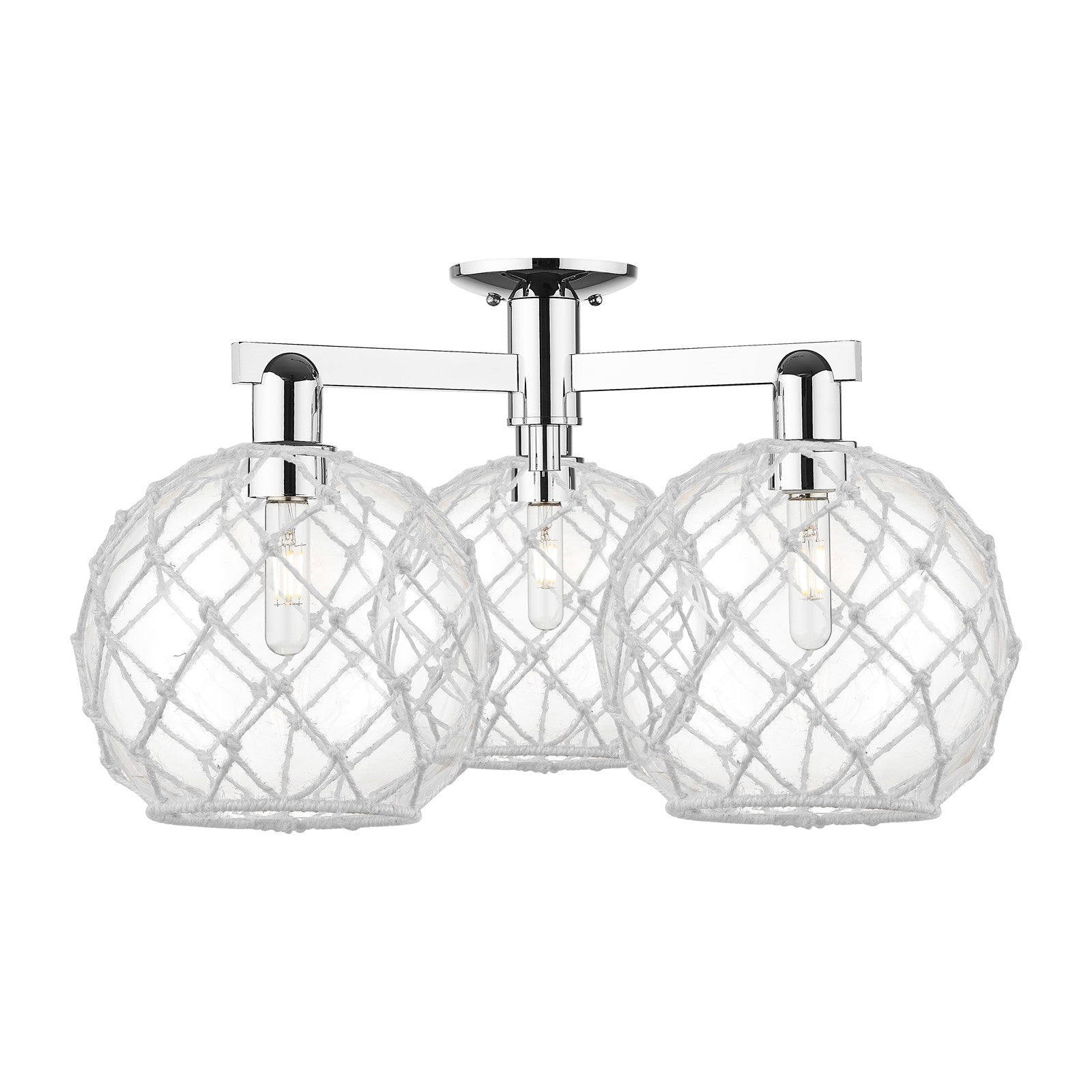 Innovations Farmhouse Rope 28in 3-Light Semi-Flush Mount | Industrial Polished Chrome and Clear Glass with White Rope | Model 716-3F-PC-G122-10RW