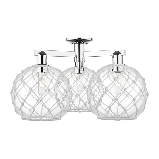 Innovations Farmhouse Rope 28in 3-Light Semi-Flush Mount | Industrial Polished Chrome and Clear Glass with White Rope | Model 716-3F-PC-G122-10RW