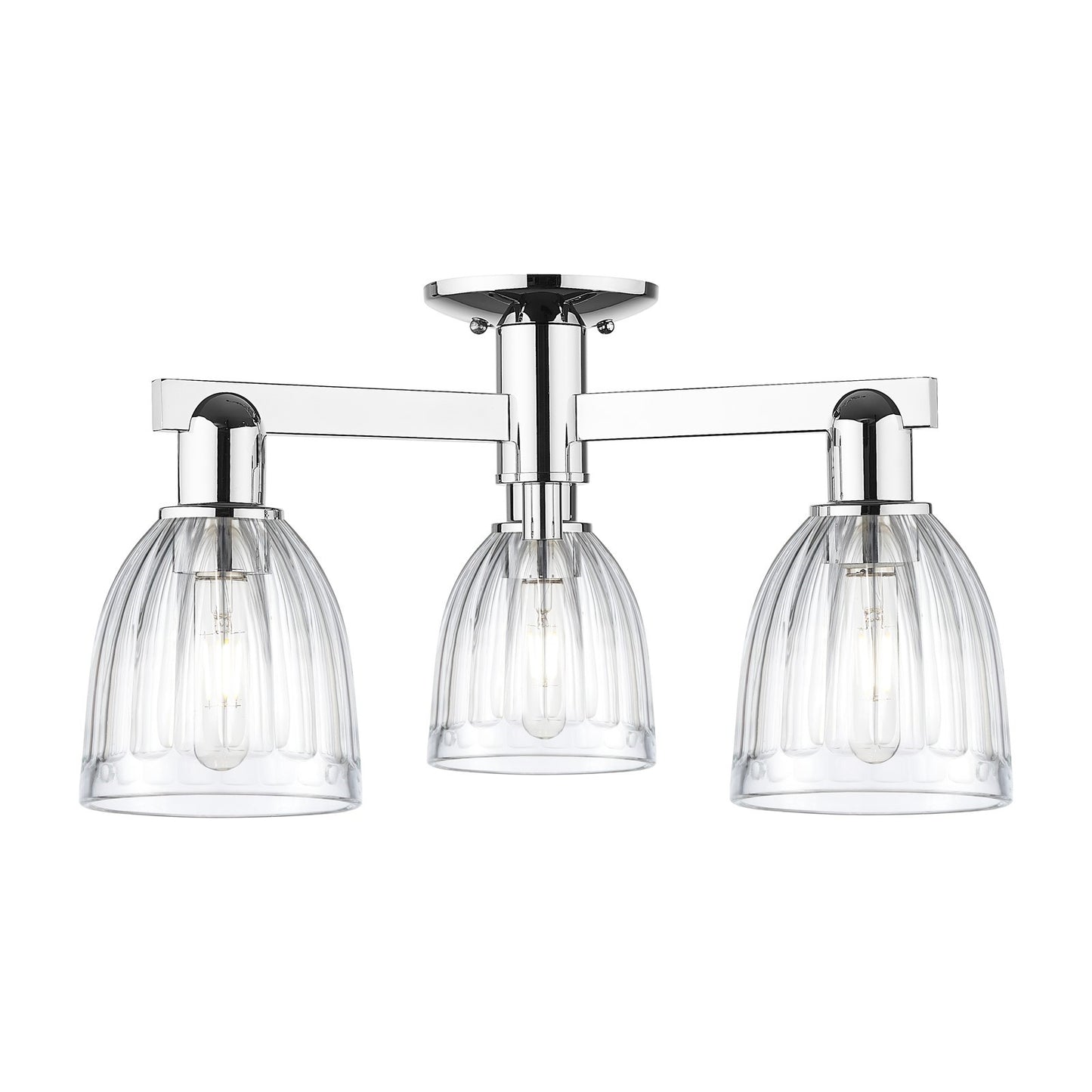 Innovations Brookfield 23in 3-Light Semi-Flush Mount | Industrial Polished Chrome Steel and Clear Ribbed Glass | Living Room & | Model 716-3F-PC-G442