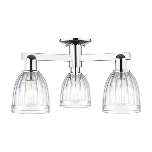 Innovations Brookfield 23in 3-Light Semi-Flush Mount | Industrial Polished Chrome Steel and Clear Ribbed Glass | Living Room & | Model 716-3F-PC-G442