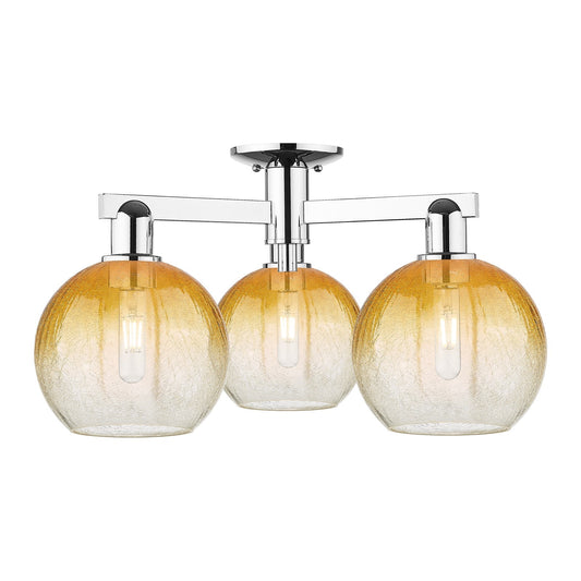 Innovations Brookhaven Globe 25.5in 3-Light Semi-Flush Mount | Industrial Polished Chrome and Amber Glass | Damp-Rated Entryway | Model 716-3F-PC-G483-8AM