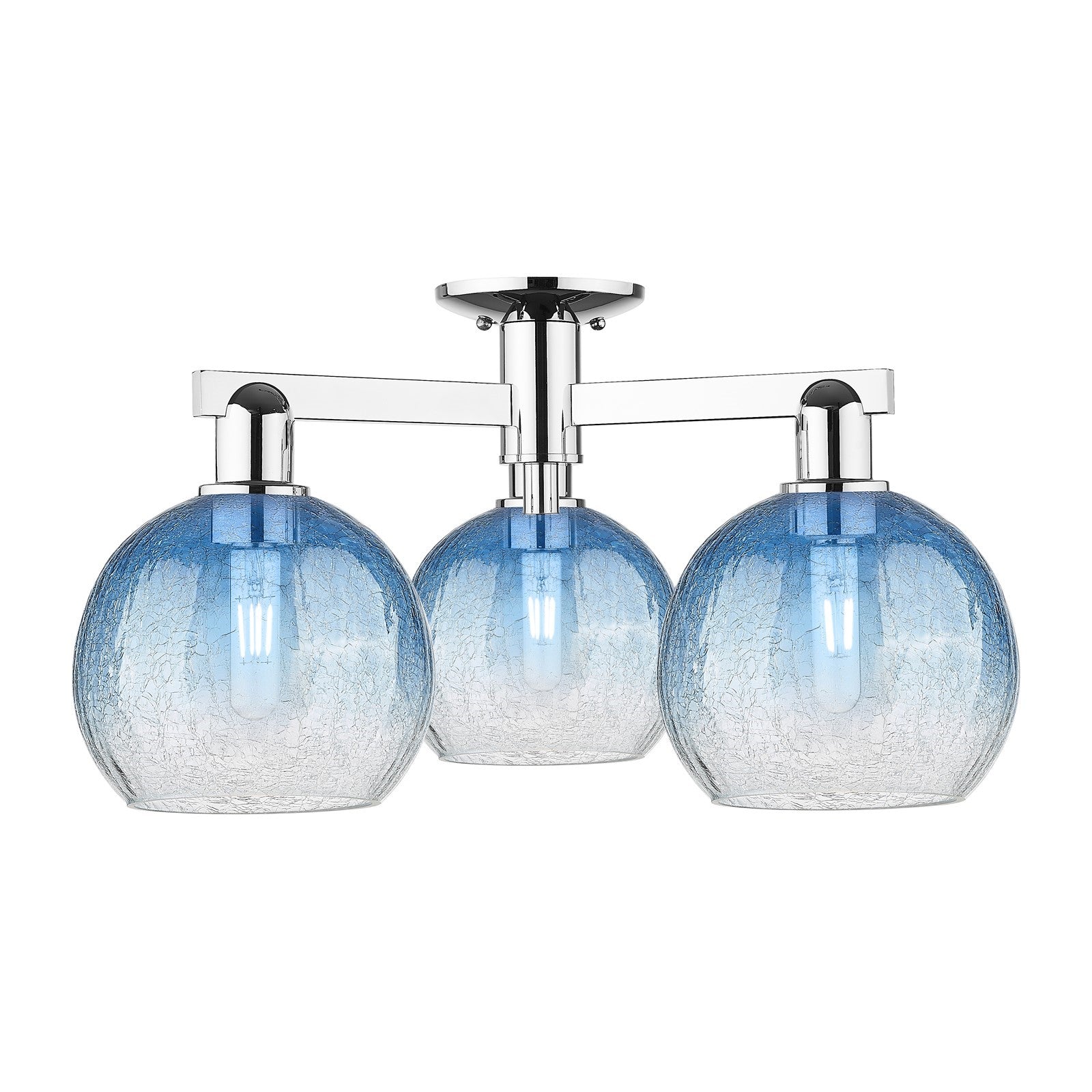 Innovations Brookhaven Globe 25.5in 3-Light Semi-Flush Mount | Industrial Polished Chrome Steel and Sapphire Blue Glass | Model 716-3F-PC-G483-8SB