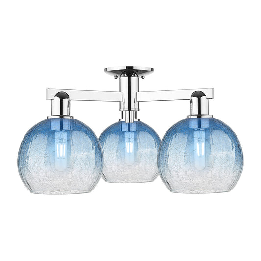 Innovations Brookhaven Globe 25.5in 3-Light Semi-Flush Mount | Industrial Polished Chrome Steel and Sapphire Blue Glass | Model 716-3F-PC-G483-8SB