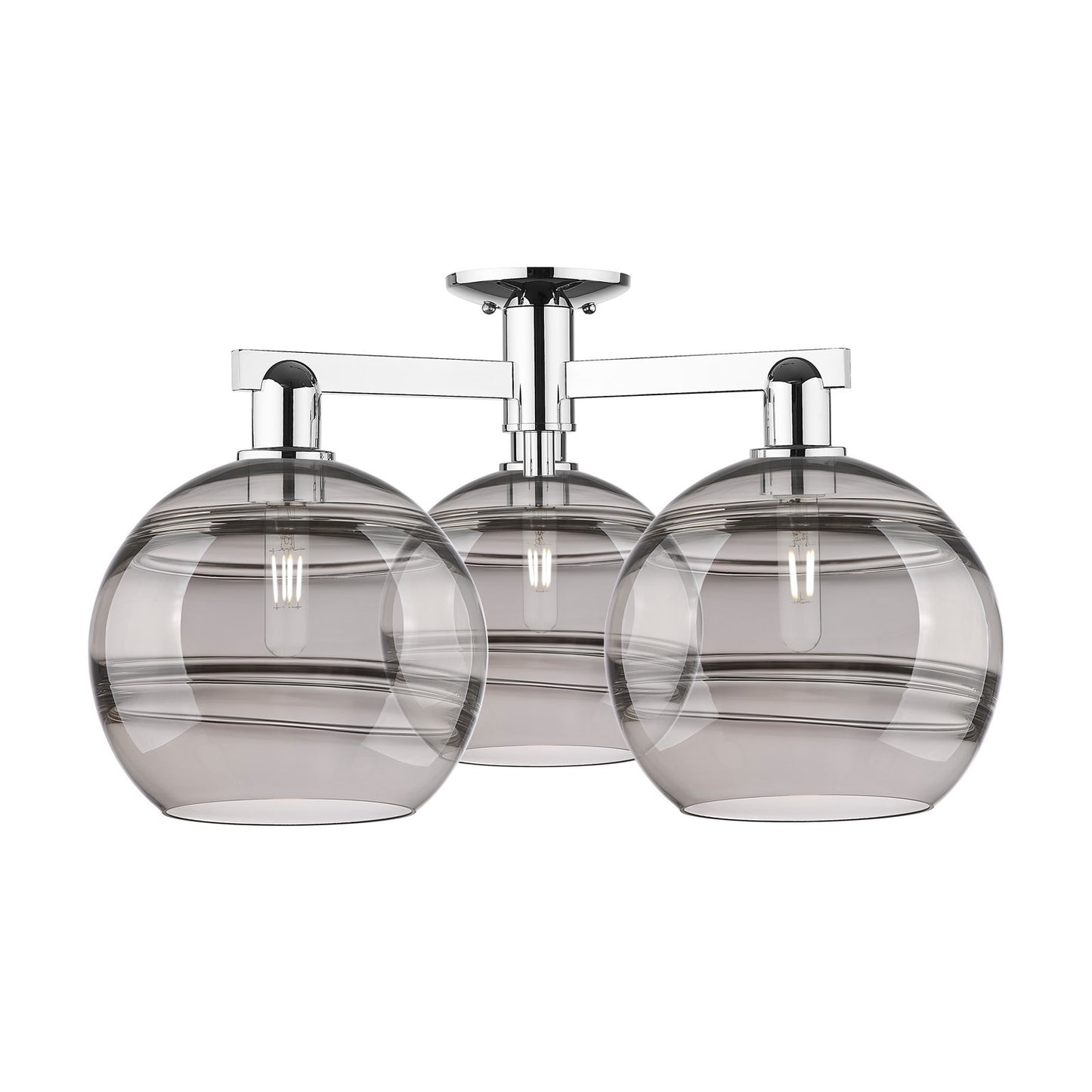 Innovations Rochester 28in 3-Light Semi-Flush Mount | Industrial Polished Chrome and Light Smoke Glass | Damp Location Living | Model 716-3F-PC-G556-10SM