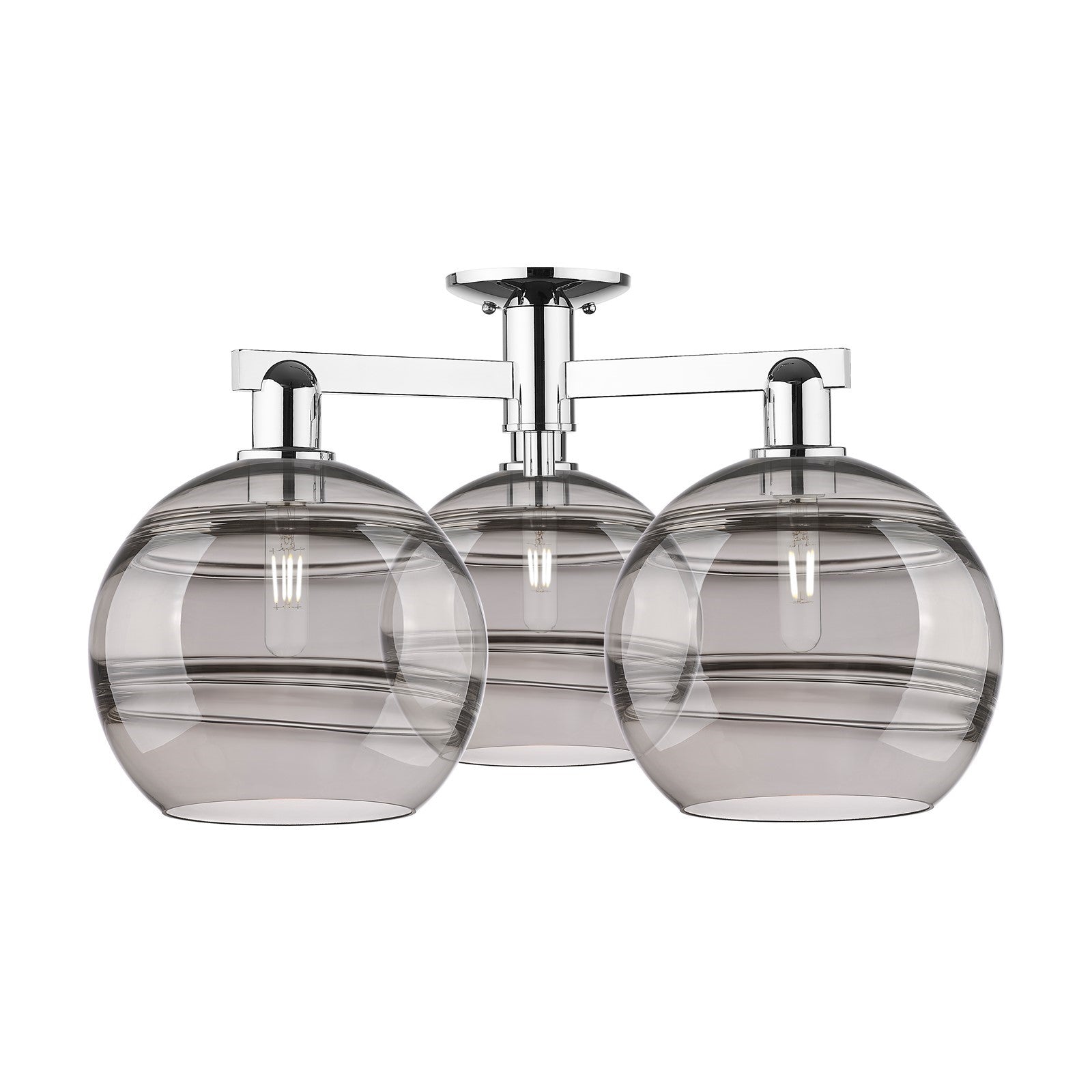 Innovations Rochester 28in 3-Light Semi-Flush Mount | Industrial Polished Chrome and Light Smoke Glass | Damp Location Living | Model 716-3F-PC-G556-10SM