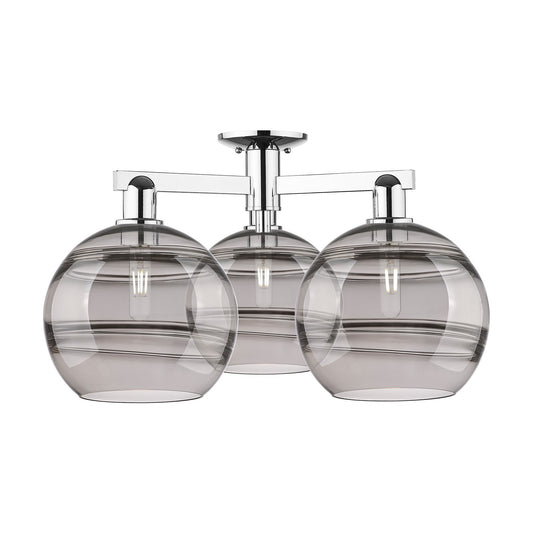 Innovations Rochester 28in 3-Light Semi-Flush Mount | Industrial Polished Chrome and Light Smoke Glass | Damp Location Living | Model 716-3F-PC-G556-10SM