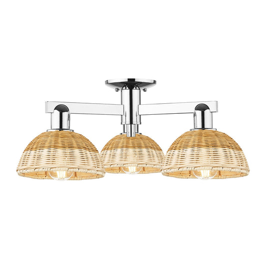 Innovations Natural Ballston Dome 25in 3-Light Semi-Flush Mount | Farmhouse Polished Chrome and Natural Fiber Basketweave | Model 716-3F-PC-NBD2-75-NAT