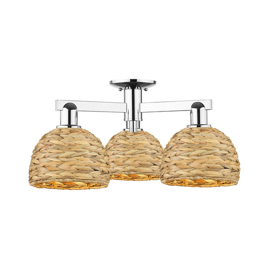 Innovations Woven Rattan 26in 3-Light Semi-Flush Mount | Industrial Modern Polished Chrome and Natural Fiber Dome Shade | Model 716-3F-PC-RBD-8-NAT