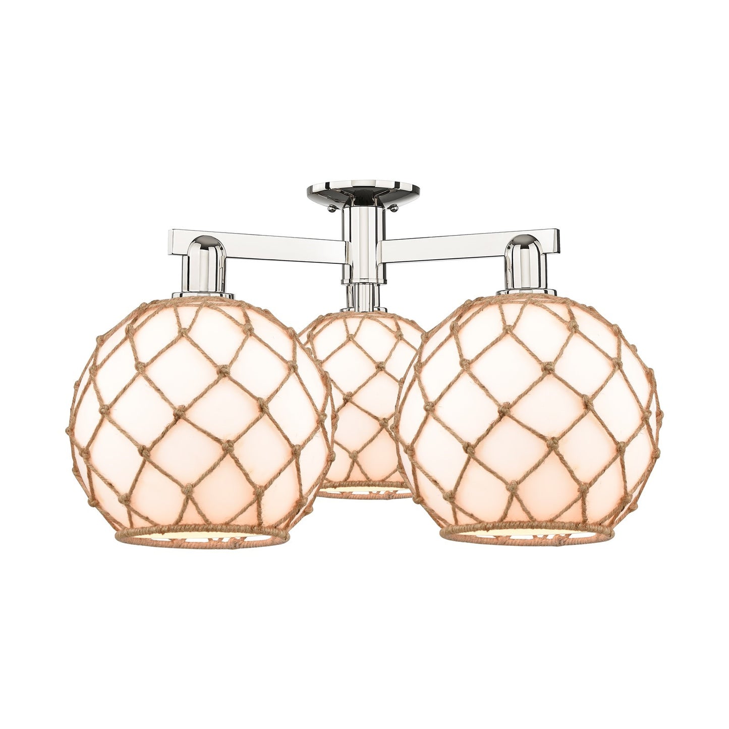 Innovations Farmhouse Rope 28in 3-Light Semi-Flush Mount | Industrial Polished Nickel Steel and Matte White Glass with Brown | Model 716-3F-PN-G121-10RB