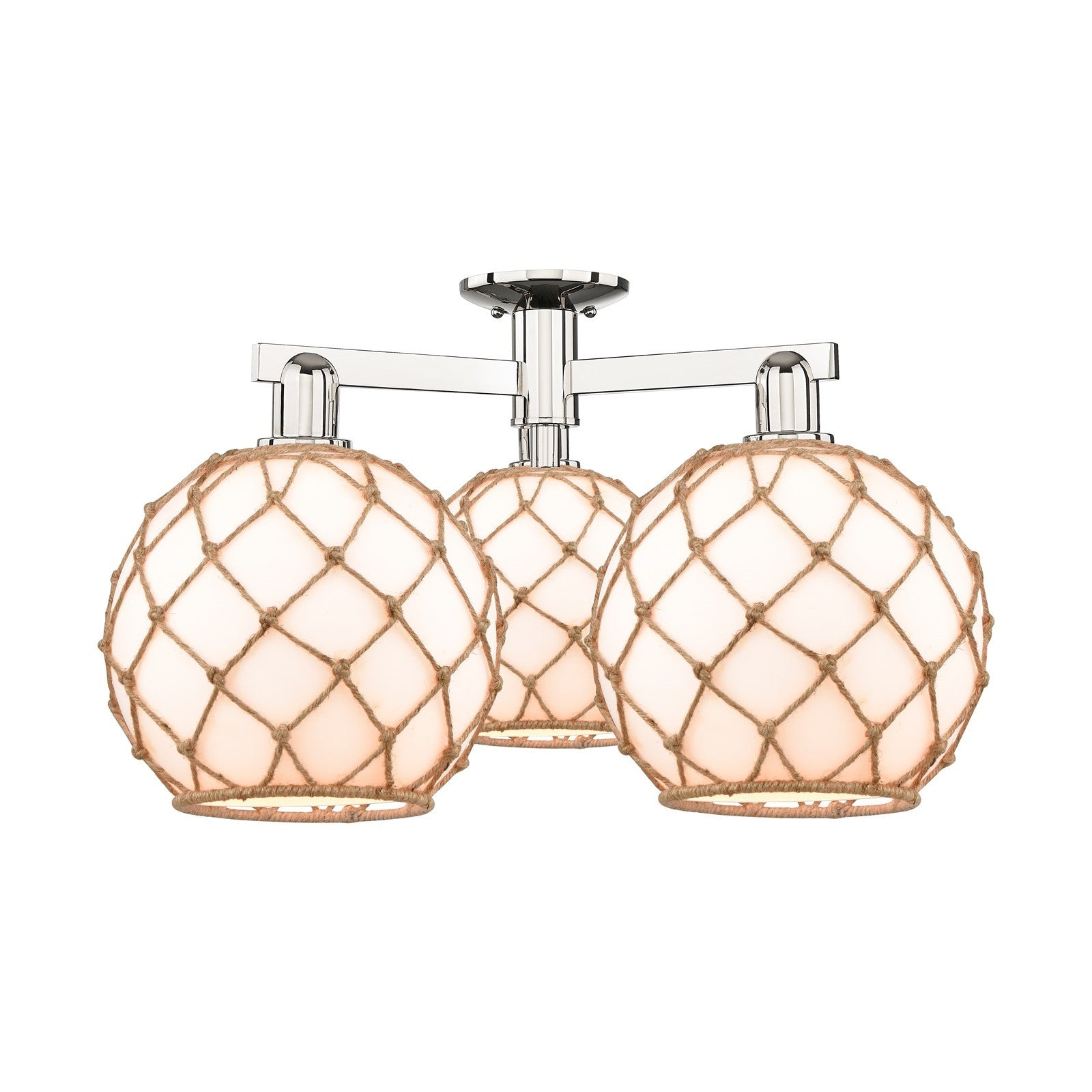 Innovations Farmhouse Rope 28in 3-Light Semi-Flush Mount | Industrial Polished Nickel Steel and Matte White Glass with Brown | Model 716-3F-PN-G121-10RB