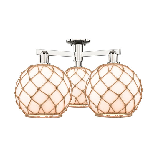 Innovations Farmhouse Rope 28in 3-Light Semi-Flush Mount | Industrial Polished Nickel Steel and Matte White Glass with Brown | Model 716-3F-PN-G121-10RB