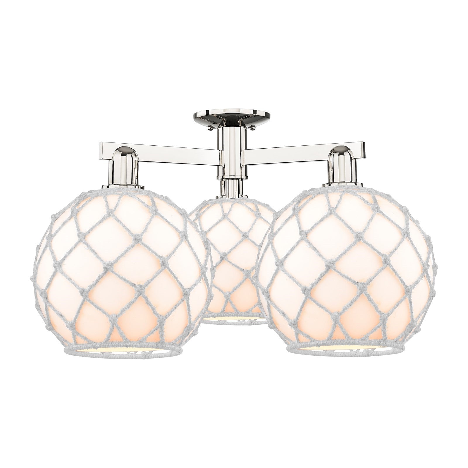 Innovations Farmhouse Rope 28in 3-Light Semi-Flush Mount | Industrial Polished Nickel Steel and White Glass with White Rope | Model 716-3F-PN-G121-10RW
