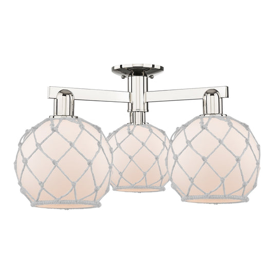 Innovations Farmhouse Rope 26in 3-Light Semi-Flush Mount | Industrial Polished Nickel Steel and White Frosted Glass with Rope | Model 716-3F-PN-G121-8RW