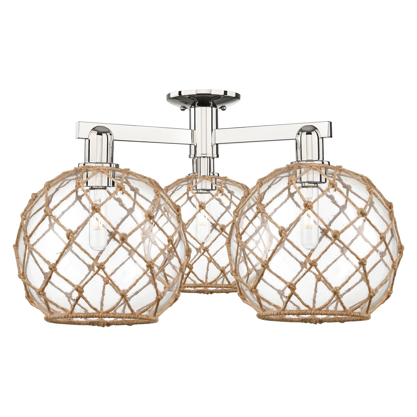 Innovations Farmhouse Rope 28in 3-Light Semi-Flush Mount | Industrial Polished Nickel Steel and Clear Glass with Brown Rope | Model 716-3F-PN-G122-10RB
