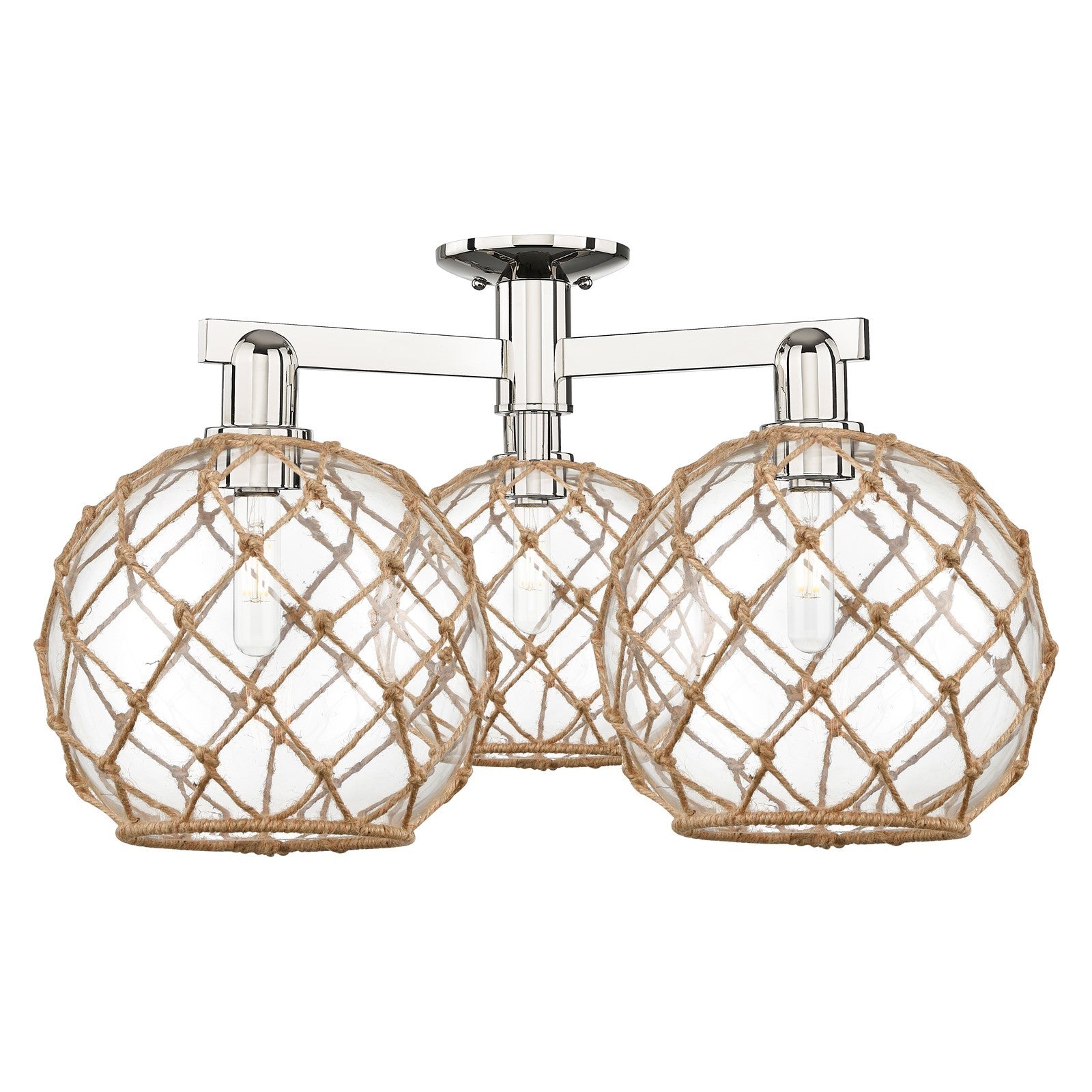 Innovations Farmhouse Rope 28in 3-Light Semi-Flush Mount | Industrial Polished Nickel Steel and Clear Glass with Brown Rope | Model 716-3F-PN-G122-10RB