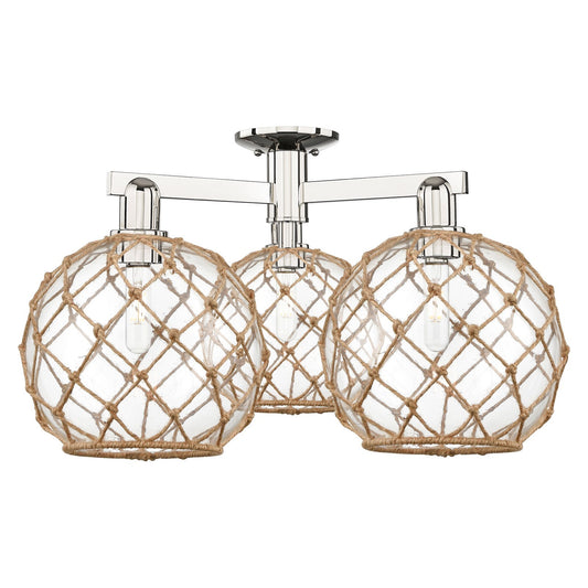 Innovations Farmhouse Rope 28in 3-Light Semi-Flush Mount | Industrial Polished Nickel Steel and Clear Glass with Brown Rope | Model 716-3F-PN-G122-10RB