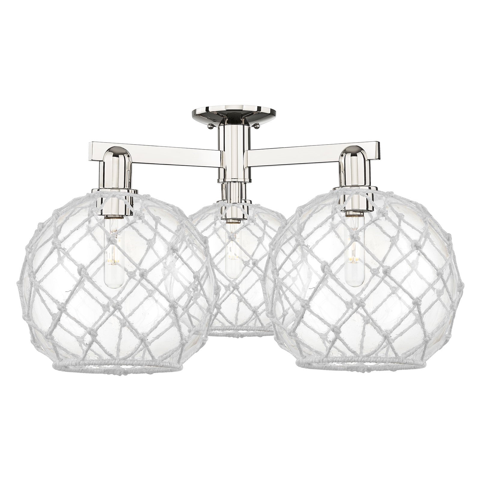 Innovations Farmhouse Rope 28in 3-Light Semi-Flush Mount | Industrial Polished Nickel Steel and Clear Glass with White Rope | Model 716-3F-PN-G122-10RW