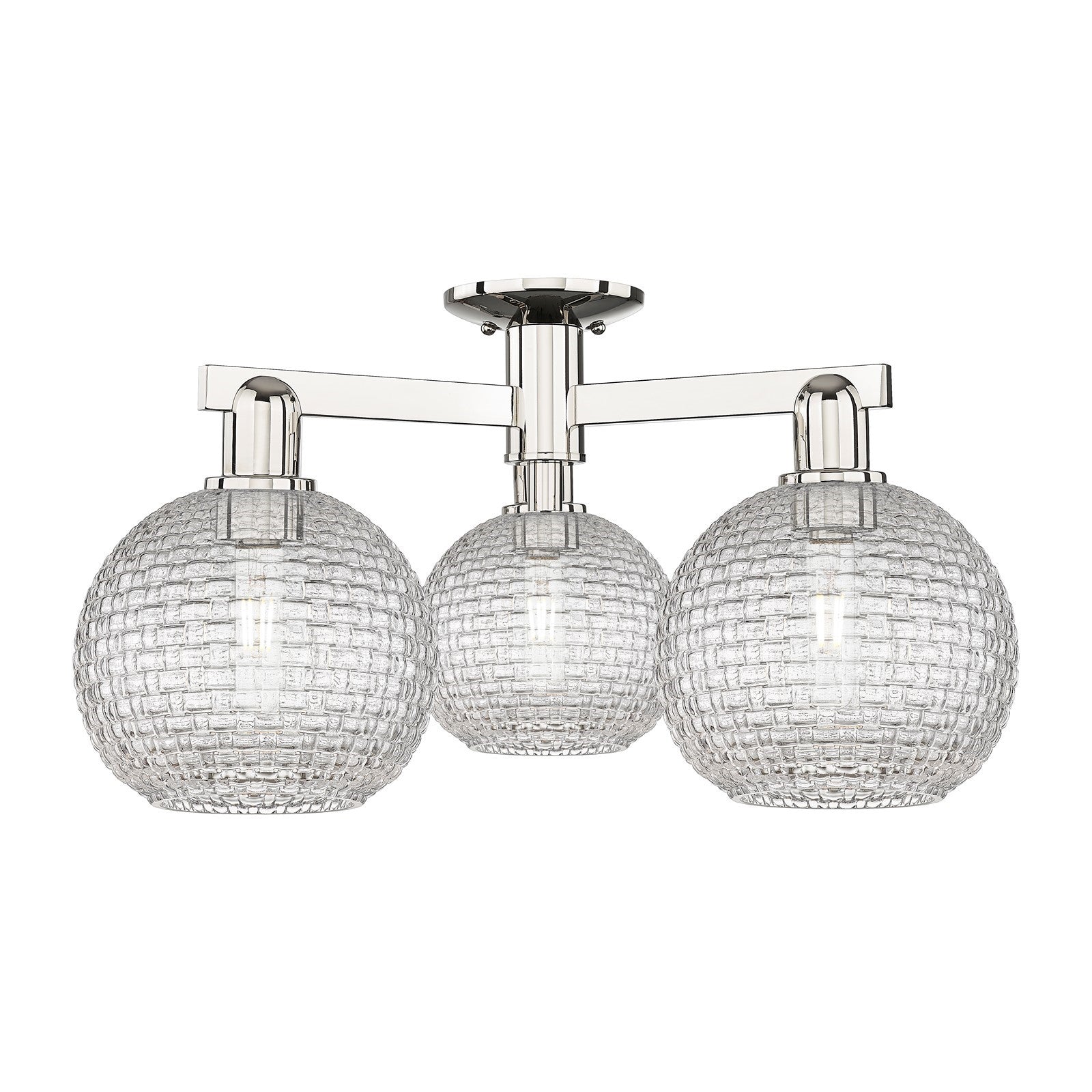 Innovations Athens 26in 3-Light Semi-Flush Mount | Industrial Polished Nickel and Clear Basket Weave Glass | Entryway & | Model 716-3F-PN-G122C-8CL