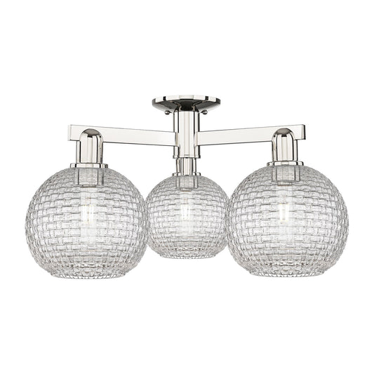 Innovations Athens 26in 3-Light Semi-Flush Mount | Industrial Polished Nickel and Clear Basket Weave Glass | Entryway & | Model 716-3F-PN-G122C-8CL
